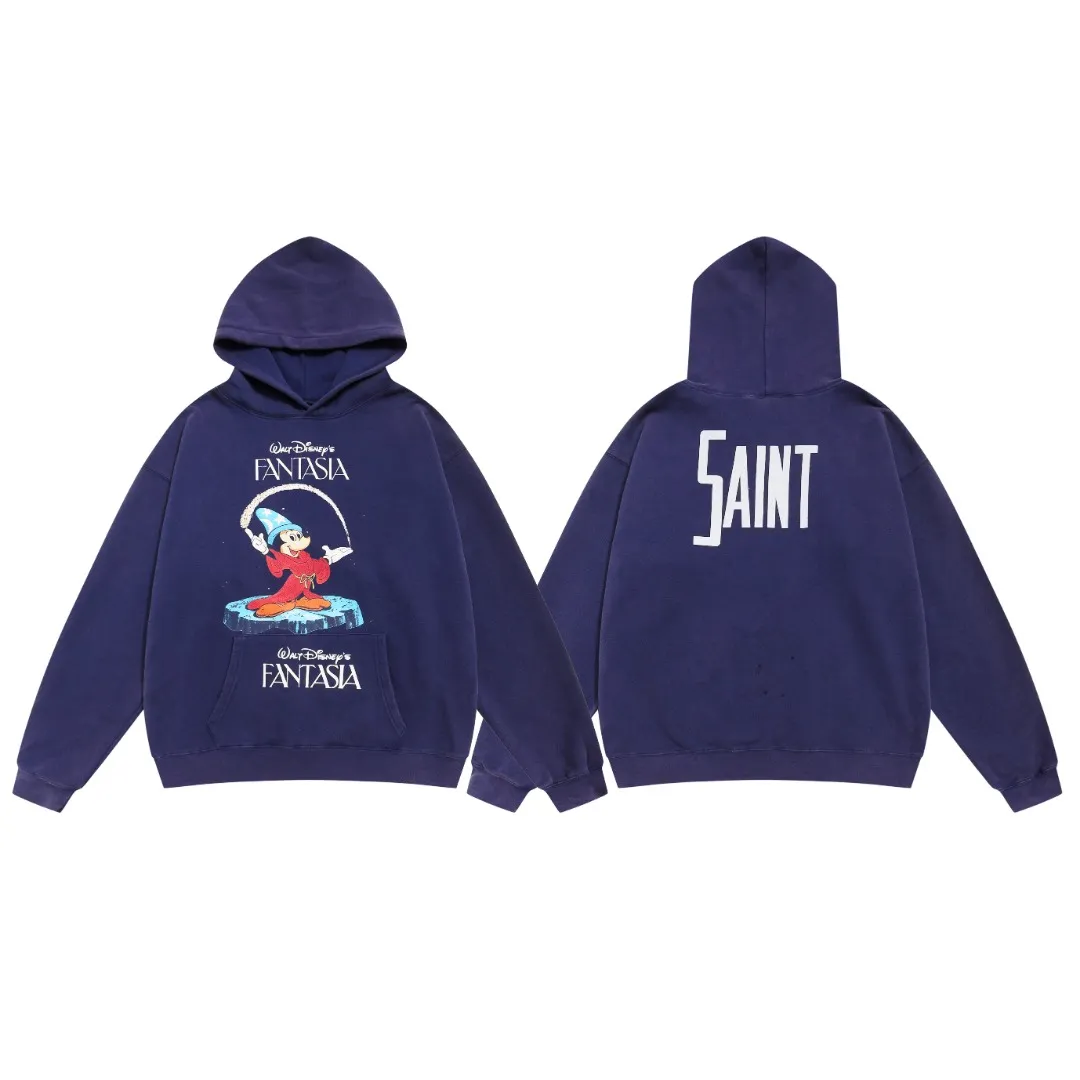 Saint Michael "FANTASIA" Mickey printed retro distressed washed velvet hoodie long-sleeved sweatshirt Fabric: 420g Style number: SM623 Size: S-M-L-XL Color: Blue Price: P236